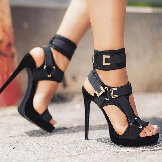 Sexy Stiletto Cut Out High Heels Platform Sandals - Open Toe, Hook-and-Loop Ankle Strap, Buckle Decor