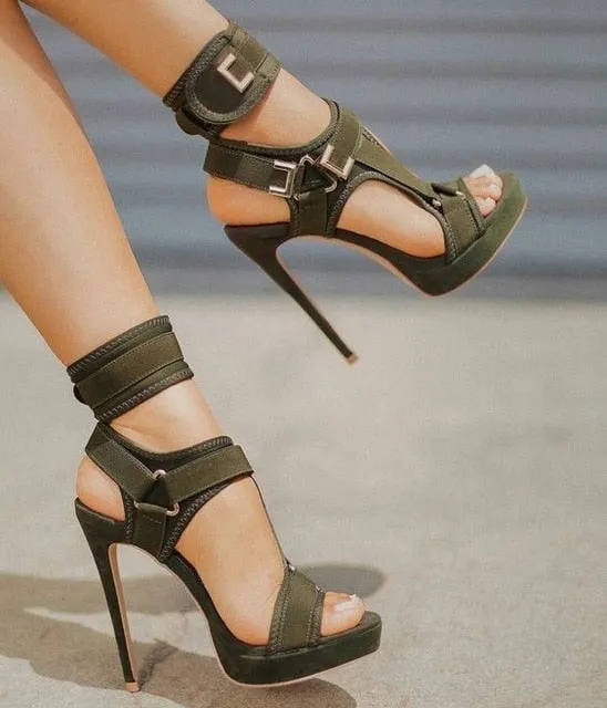 Sexy Stiletto Cut Out High Heels Platform Sandals - Open Toe, Hook-and-Loop Ankle Strap, Buckle Decor