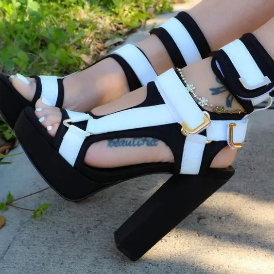 Sexy Stiletto Cut Out High Heels Platform Sandals - Open Toe, Hook-and-Loop Ankle Strap, Buckle Decor