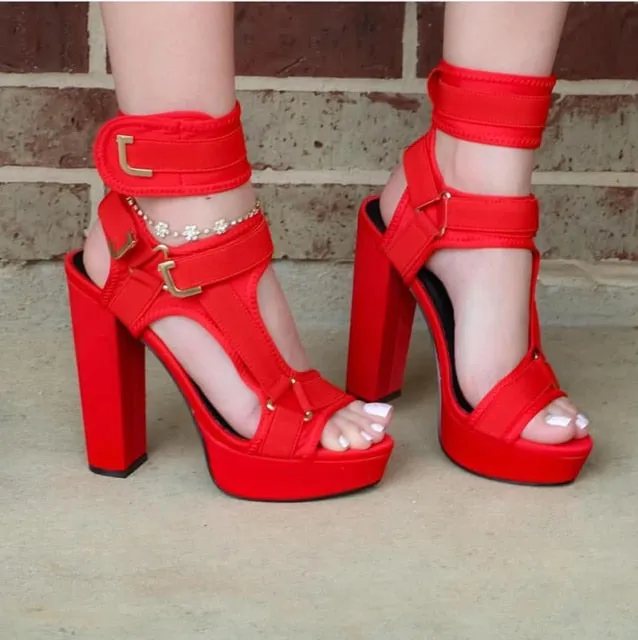 Sexy Stiletto Cut Out High Heels Platform Sandals - Open Toe, Hook-and-Loop Ankle Strap, Buckle Decor