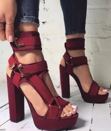 Sexy Stiletto Cut Out High Heels Platform Sandals - Open Toe, Hook-and-Loop Ankle Strap, Buckle Decor