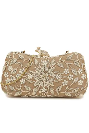 Adorn Beige & Gold Embellished Faux Silk Clutch