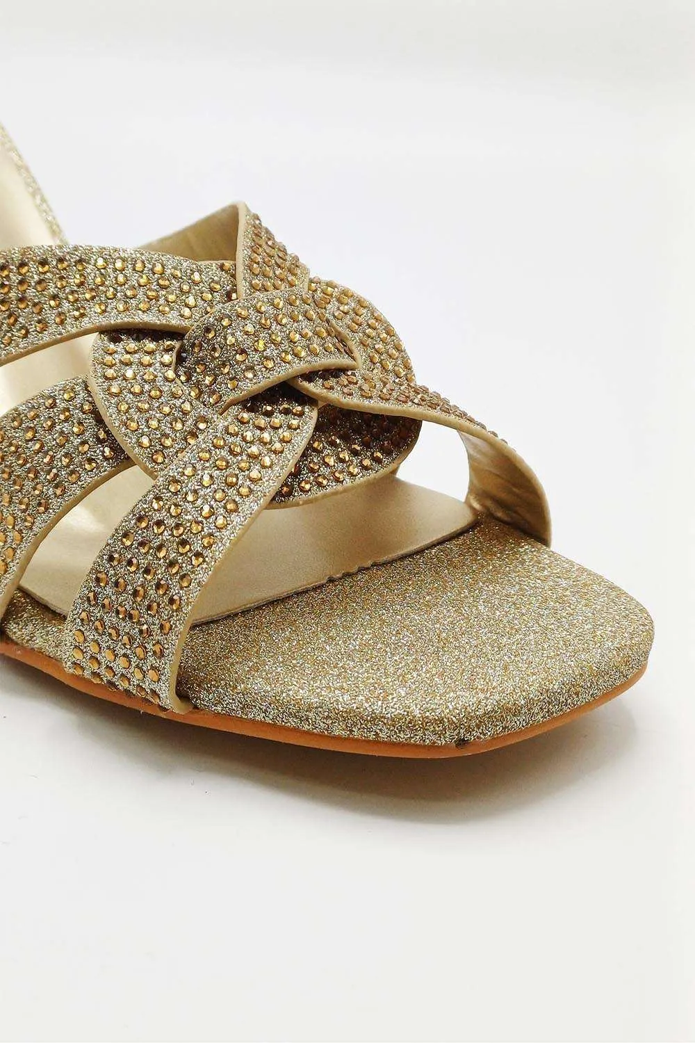 Aurelia Diamante Embellished 3 Strap Mule in Gold