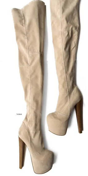 Beige Cream Suede Over the Knee High Heel Boots