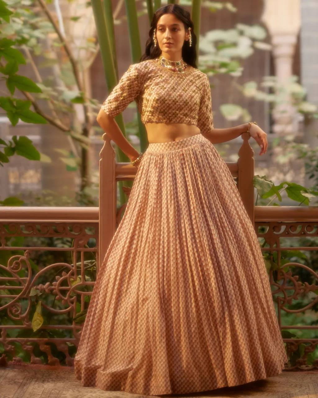 Beige Printed Highlighted Lehenga Set