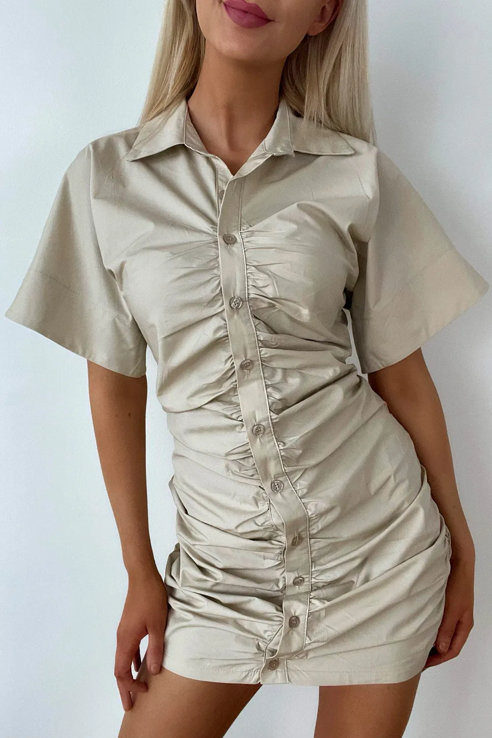 Beige Ruched Shirt Dress