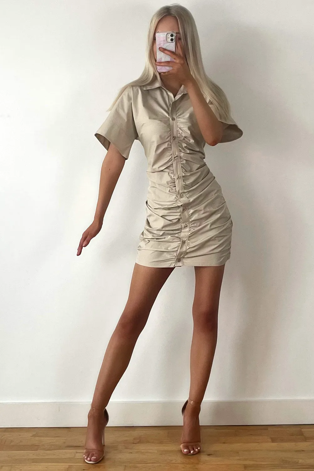 Beige Ruched Shirt Dress