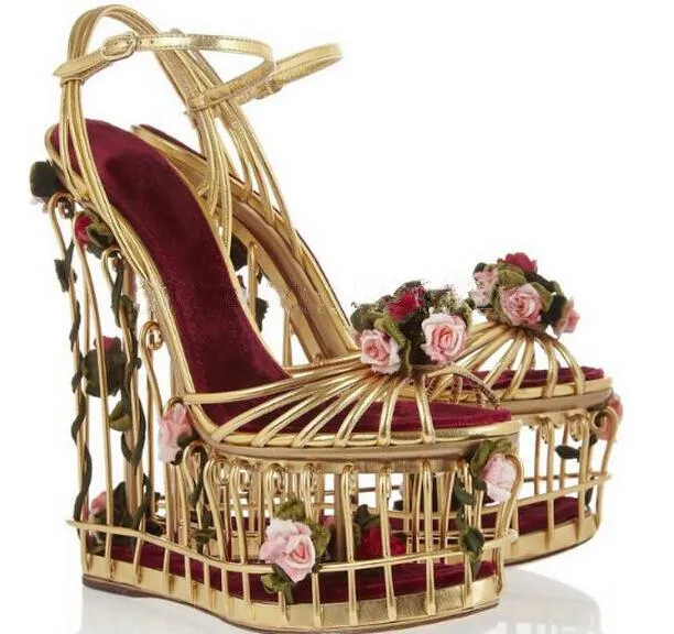 Bird Cage Platforms Bohemian Gold Or Silver Wedge Sandals With Tiny Pink Roses Runway Shoes Avaiilable In Sizes 6 - 10