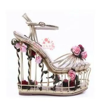 Bird Cage Platforms Bohemian Gold Or Silver Wedge Sandals With Tiny Pink Roses Runway Shoes Avaiilable In Sizes 6 - 10