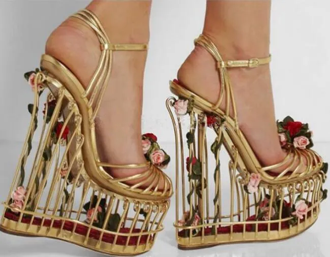 Bird Cage Platforms Bohemian Gold Or Silver Wedge Sandals With Tiny Pink Roses Runway Shoes Avaiilable In Sizes 6 - 10