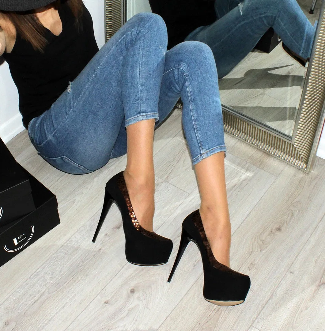 Black Suede Brown Detail Classic Platform Pumps