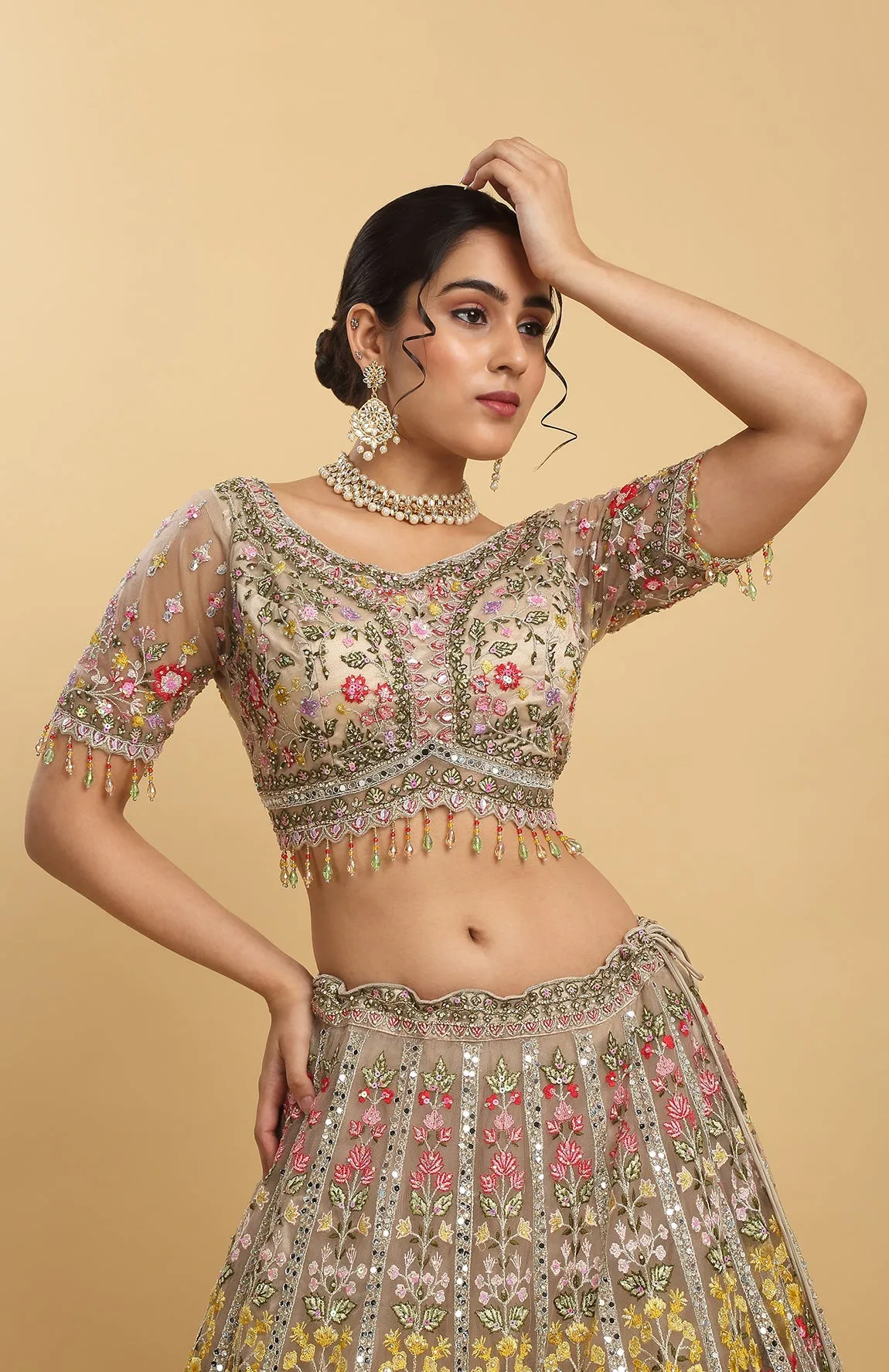 Brown Net Gulposh Embroidered Lehenga Set - Rent