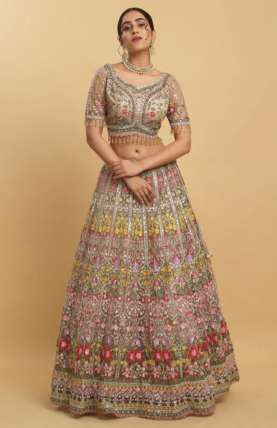 Brown Net Gulposh Embroidered Lehenga Set - Rent