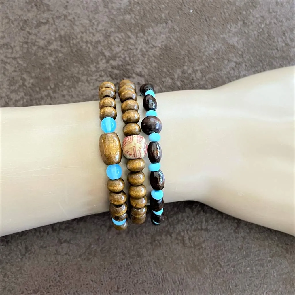 Brown Wood and Light Blue Beaded Bracelet Trio Set