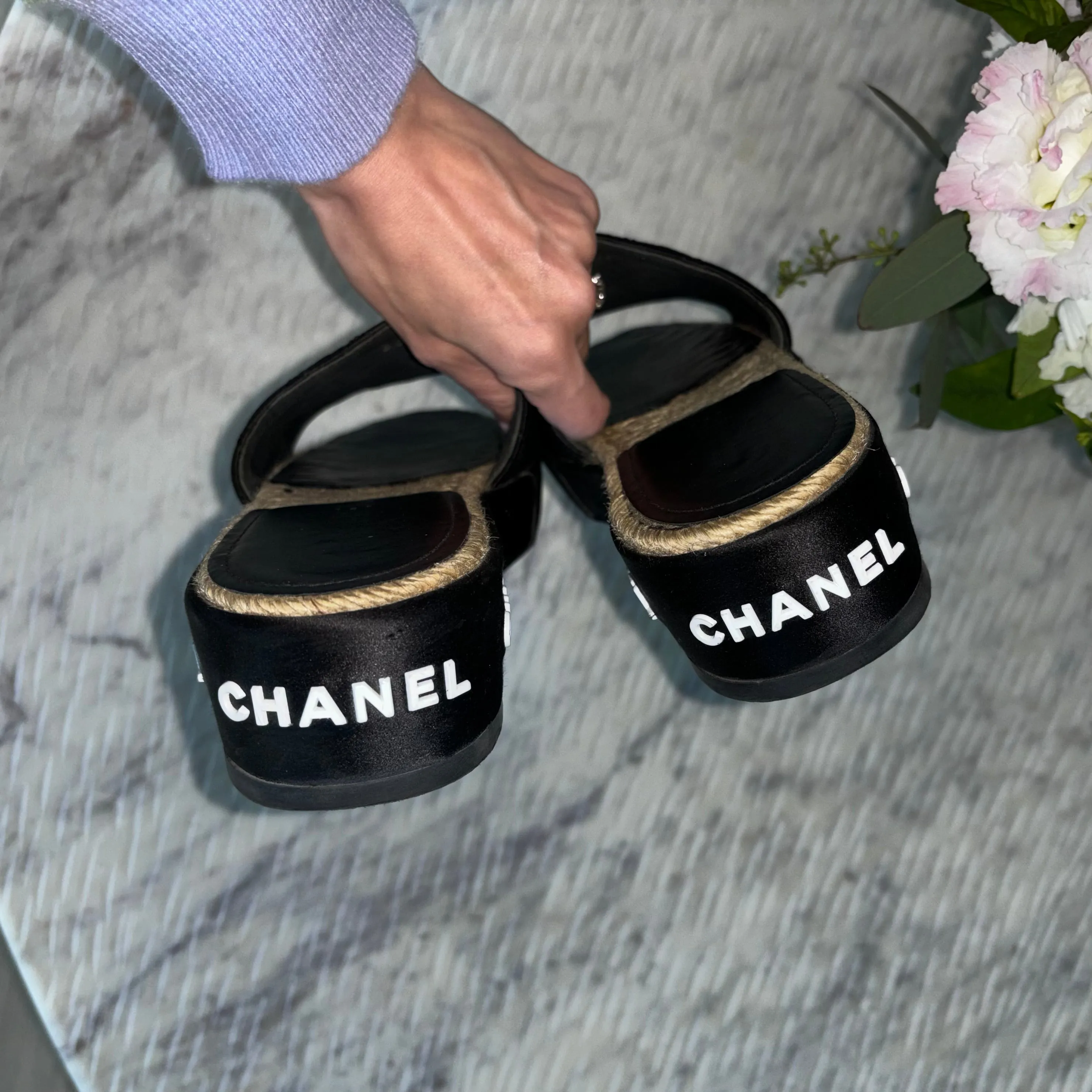 Chanel Black Satin CC Espadrille Slide Sandals