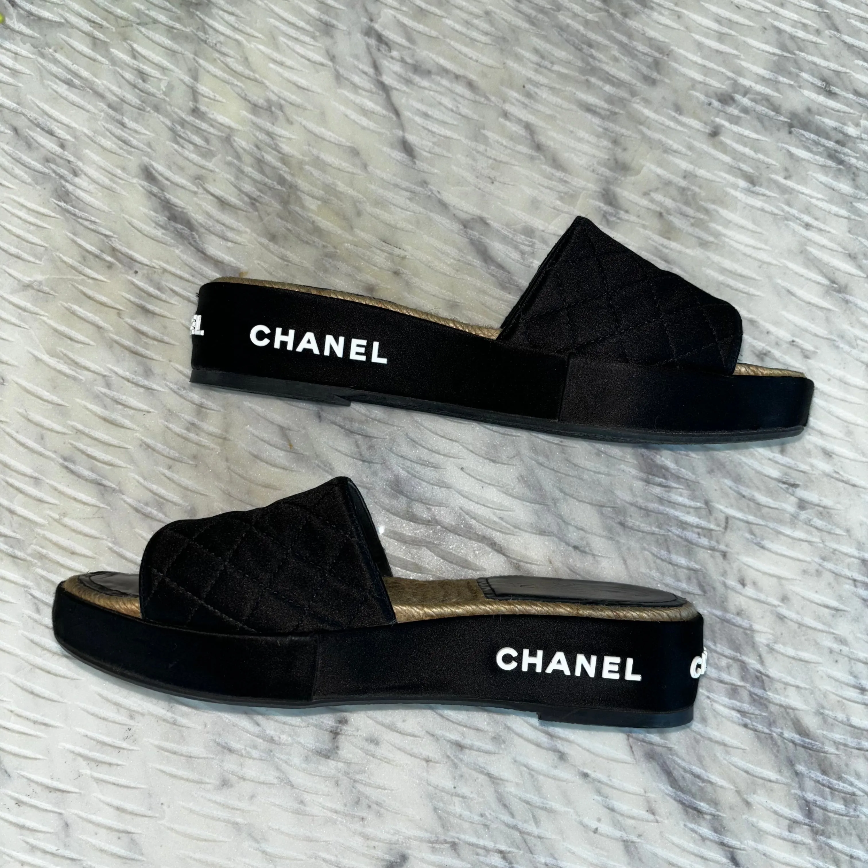 Chanel Black Satin CC Espadrille Slide Sandals