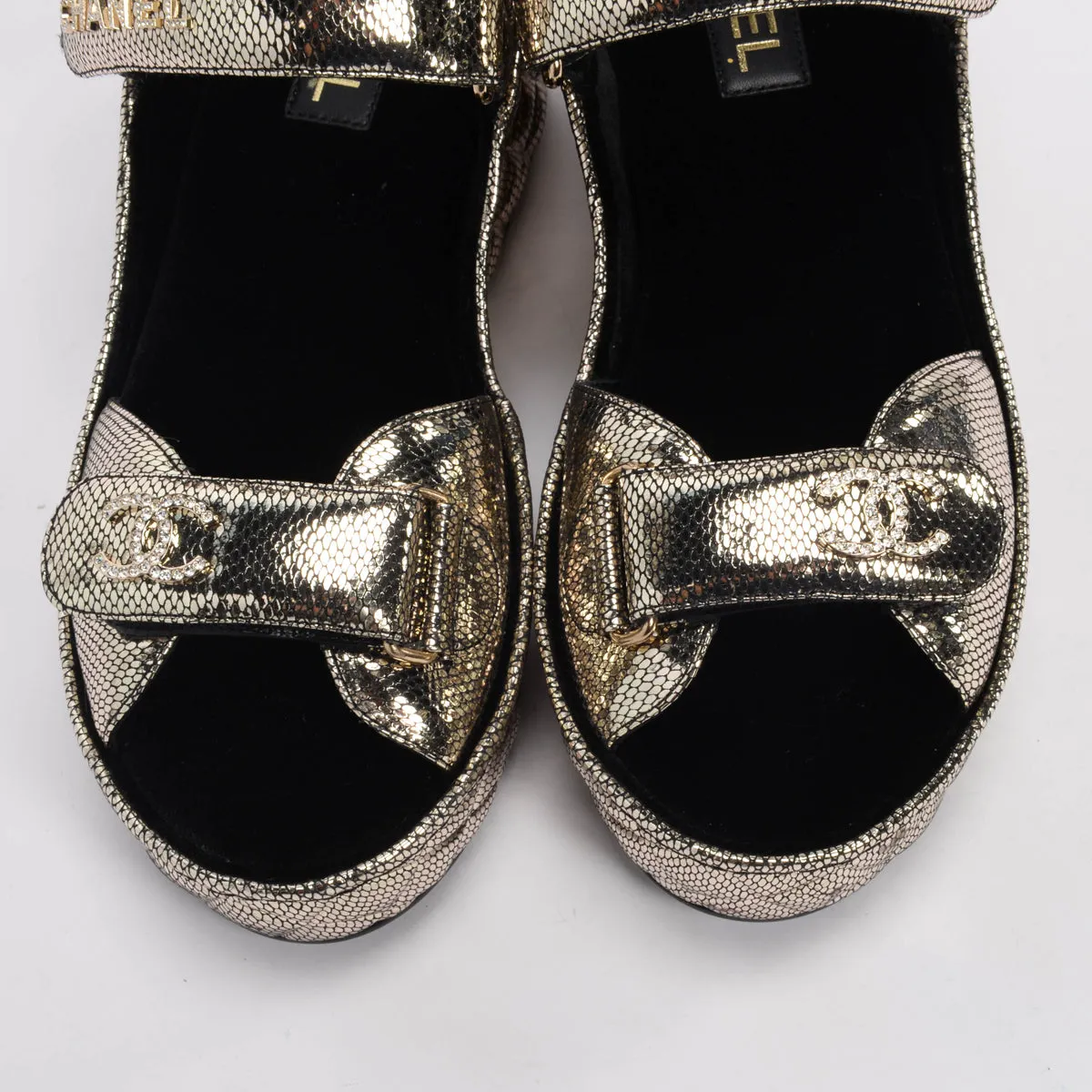 Chanel Pewter Embossed Leather Dad Sandal Wedges 40