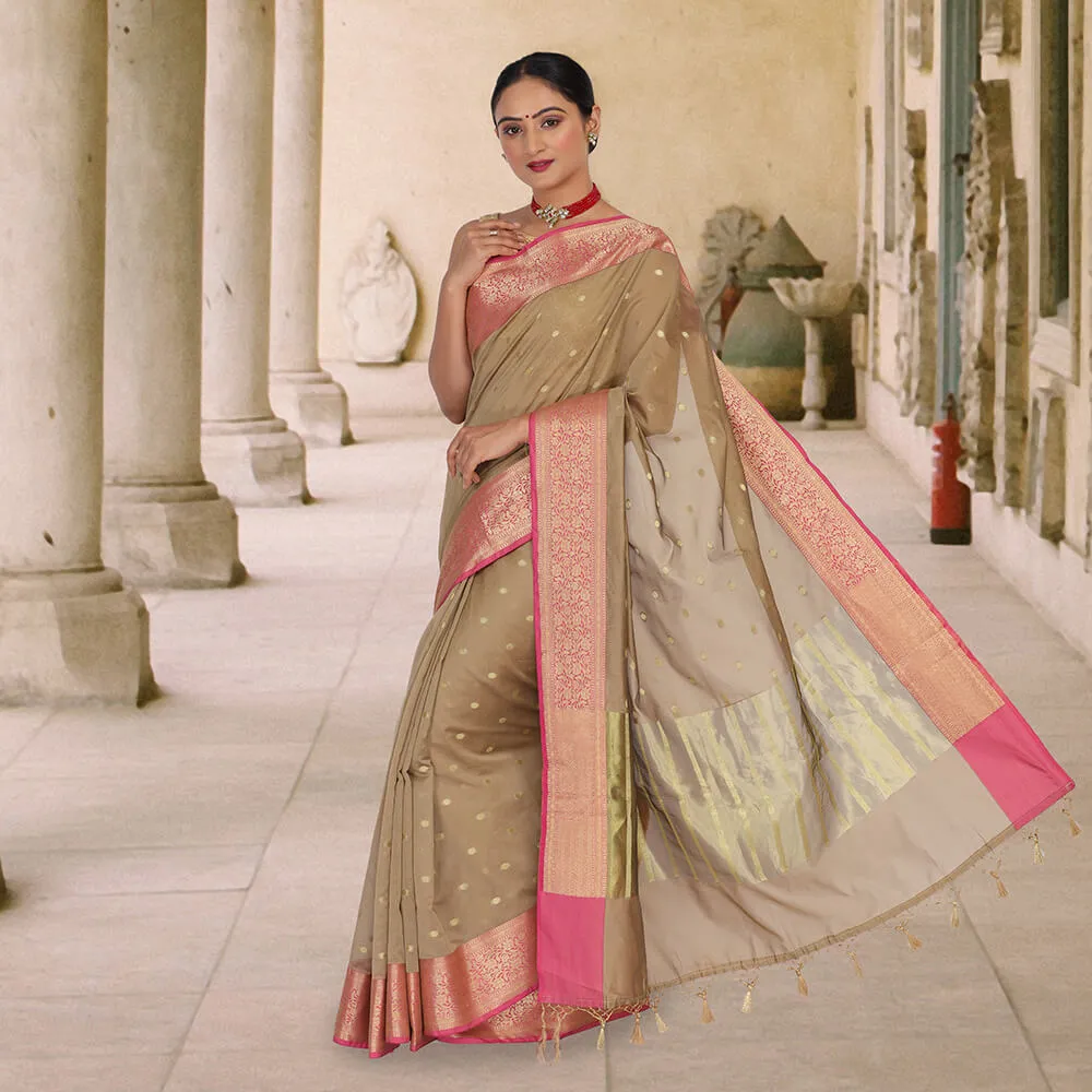 Cotton Silk Banarasi Sari - Brown