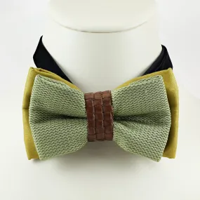 Double tier wavy green and mustard green bowtie with brown leather checkerboard center