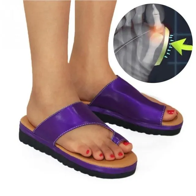 Leather Comfy Platform Flat Sole Soft Big Toe Foot Correction Sandals Orthopedic Bunion Corrector