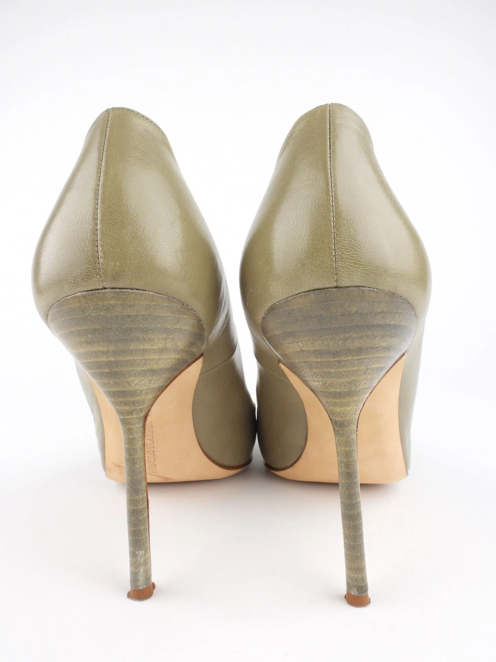 Manolo Blahnik Khaki Leather Square Toe Stiletto Heel Gloton Pumps - 40