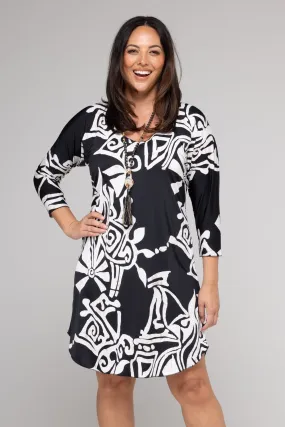 Maori Print 3/4 Sleeve Jersey Shift Dress