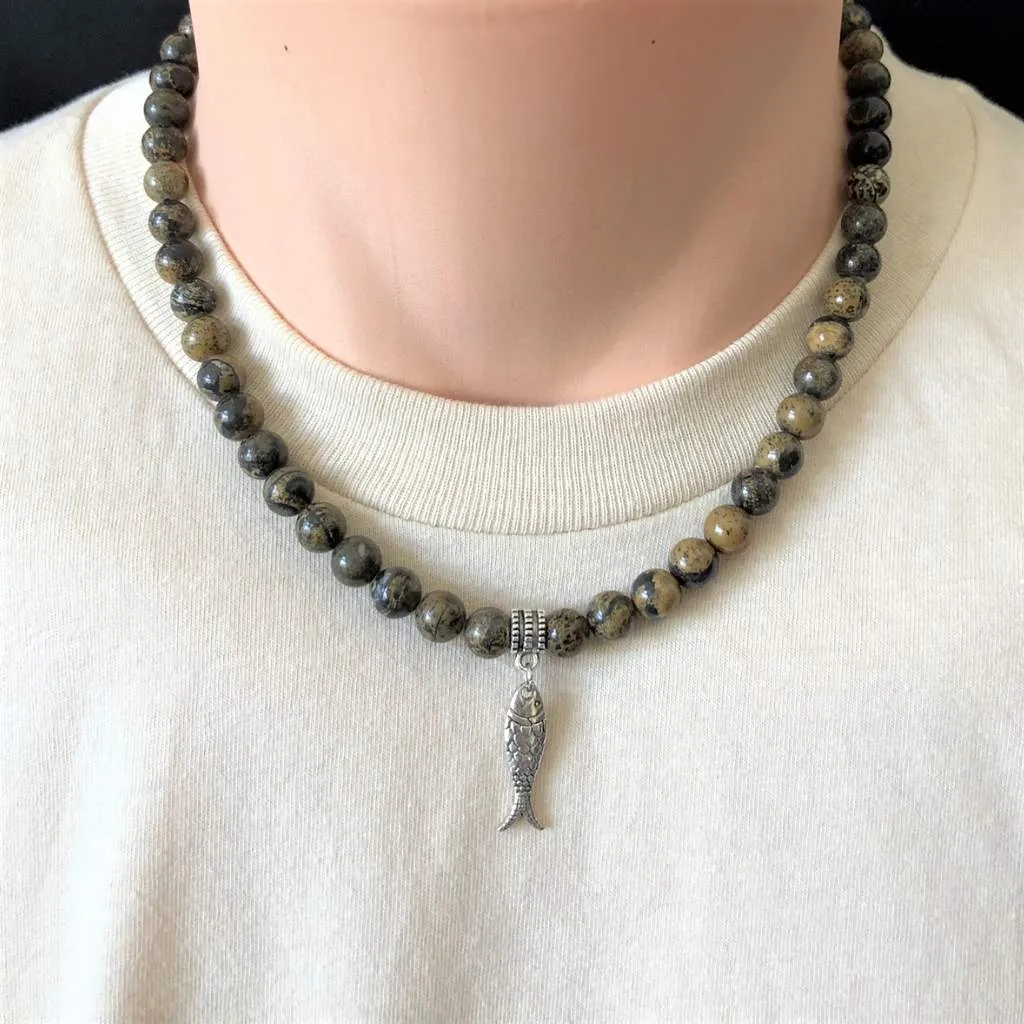 Mens Artistic Stone and Silver Fish Beaded Necklace