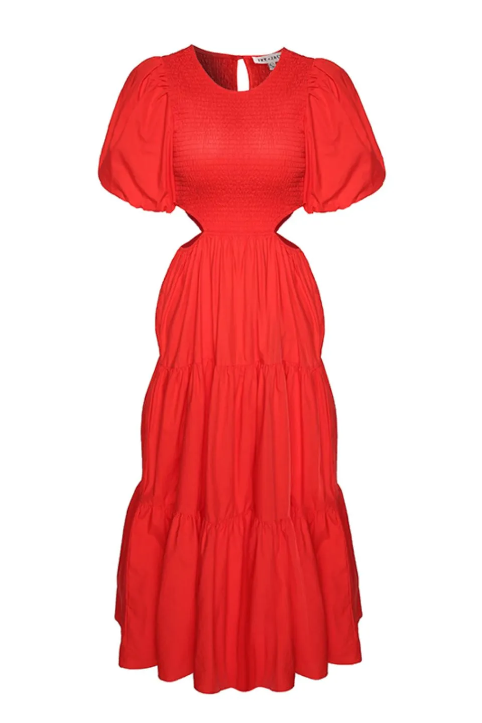 Milano Blood Orange Poplin Bubble Shirred Bodice Waist Cut Out Tiered Maxi Dress