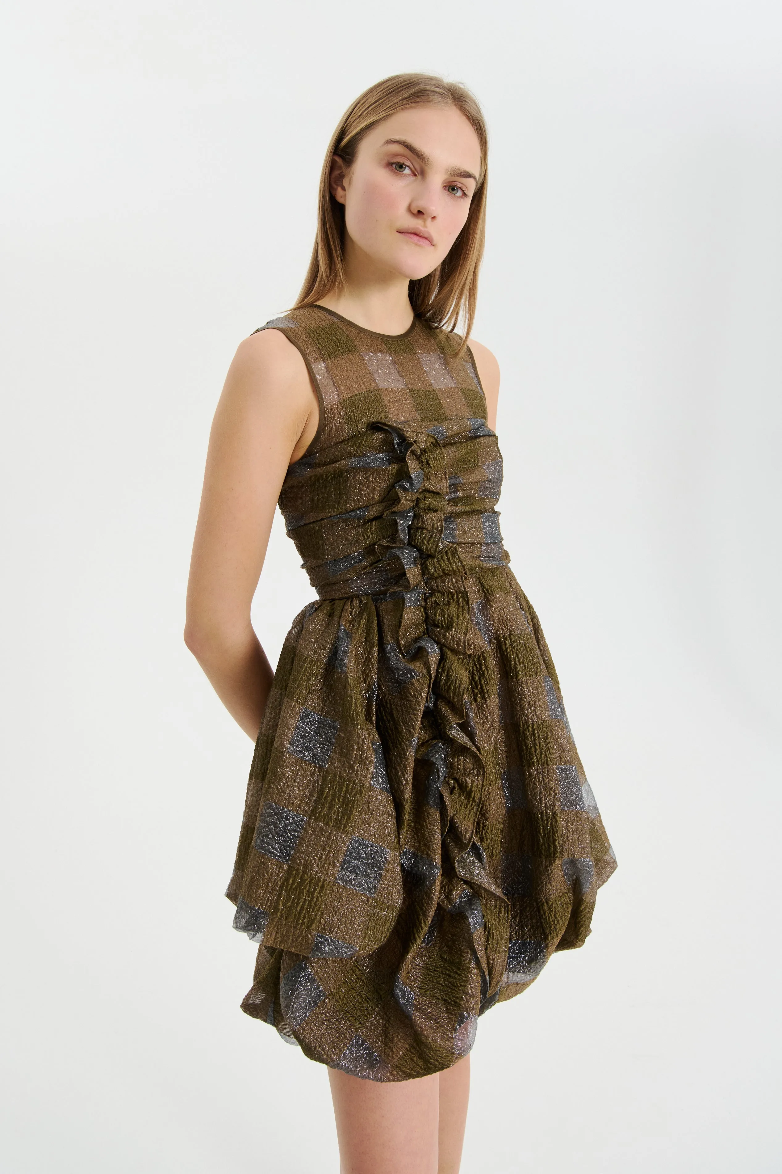 OLIVIA | DRESS GINGHAM JACQUARD BROWN