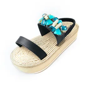 Spring Blue - Crystal Rhinestone Embellished - Waterproof Espadrille Platform Wedge Heels for Women