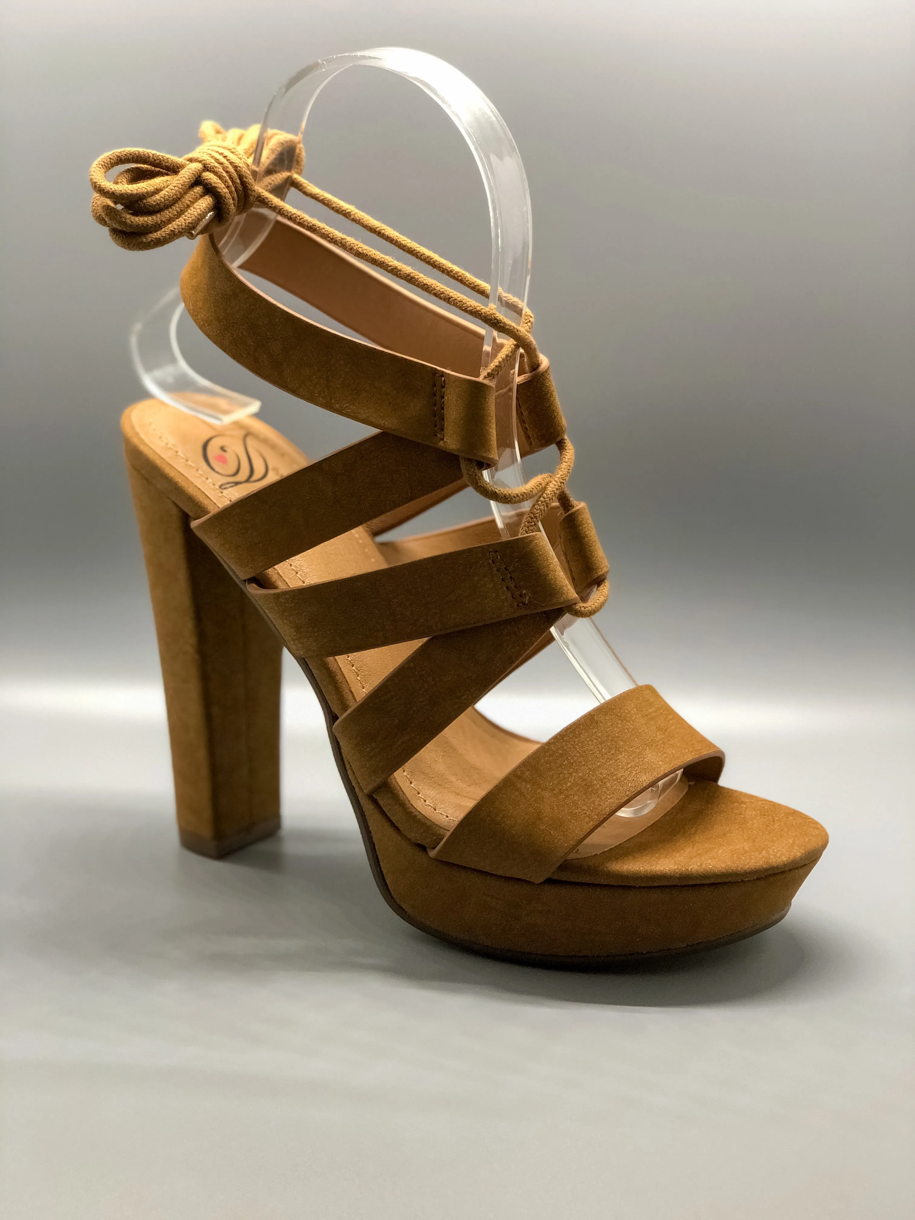 Tan Lace-Up Platform Chunky Heels