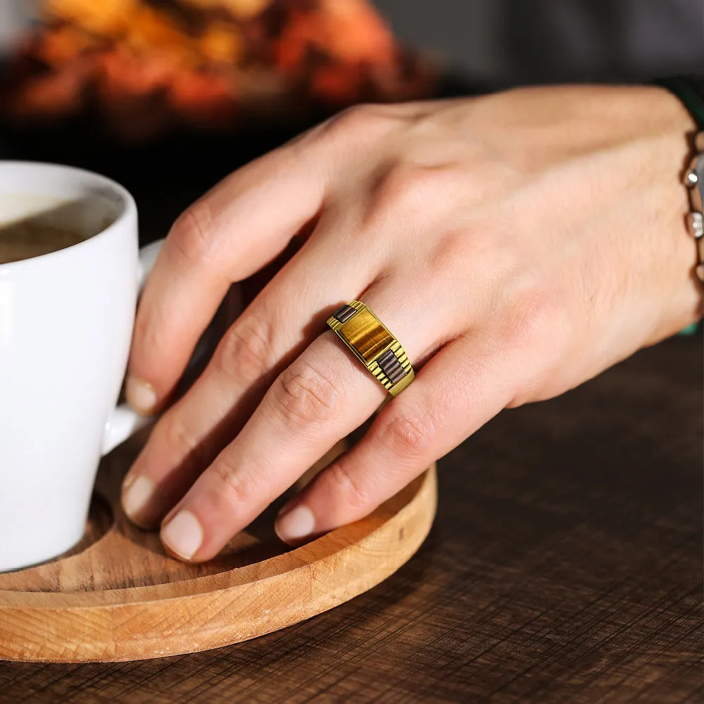 Tiger's Eye Jewelry Man Statement Solid Fine 14k Yellow Gold Men's Heavy Ring