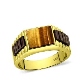 Tiger's Eye Jewelry Man Statement Solid Fine 14k Yellow Gold Men's Heavy Ring