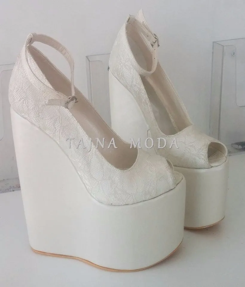 Wedding Ankle Strap Peeptoe Lace Wedge Heel White Platform High Heels Shoes