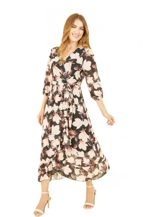 Yumi Black Blossom Wrap Midi Dress With 3/4 Sleeves